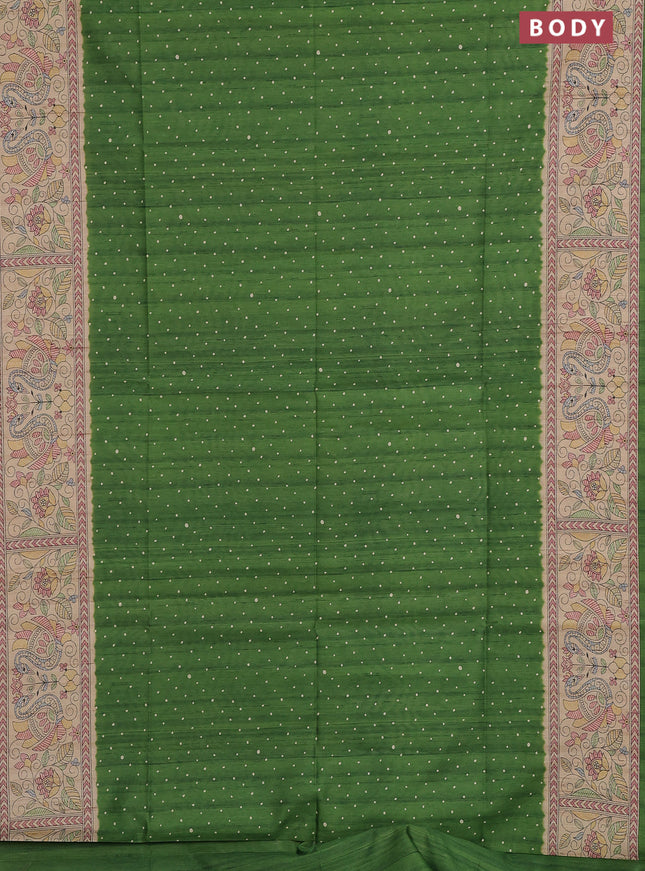 Semi tussar saree green and beige with allover butta prints and madhubani printed pallu & border