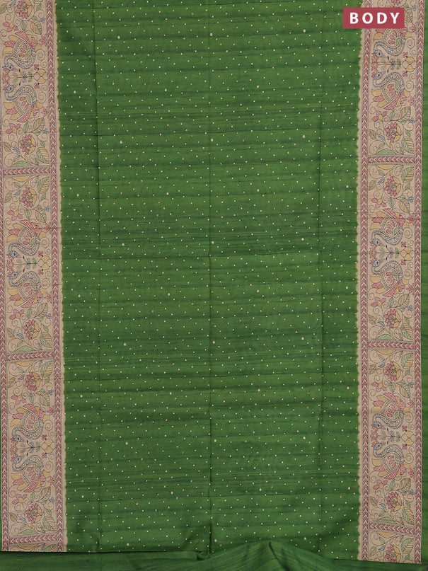 Semi tussar saree green and beige with allover butta prints and madhubani printed pallu & border