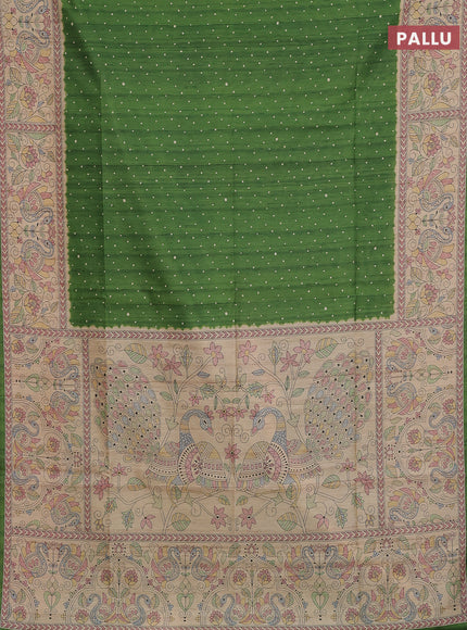 Semi tussar saree green and beige with allover butta prints and madhubani printed pallu & border
