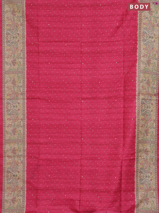Semi tussar saree candy pink and beige with allover butta prints and madhubani printed pallu & border