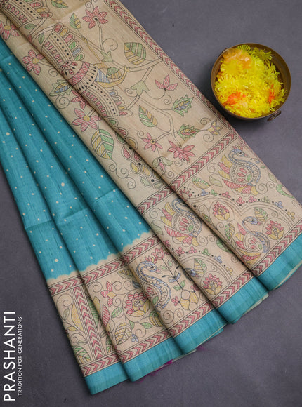 Semi tussar saree teal green and beige with allover butta prints and madhubani printed pallu & border