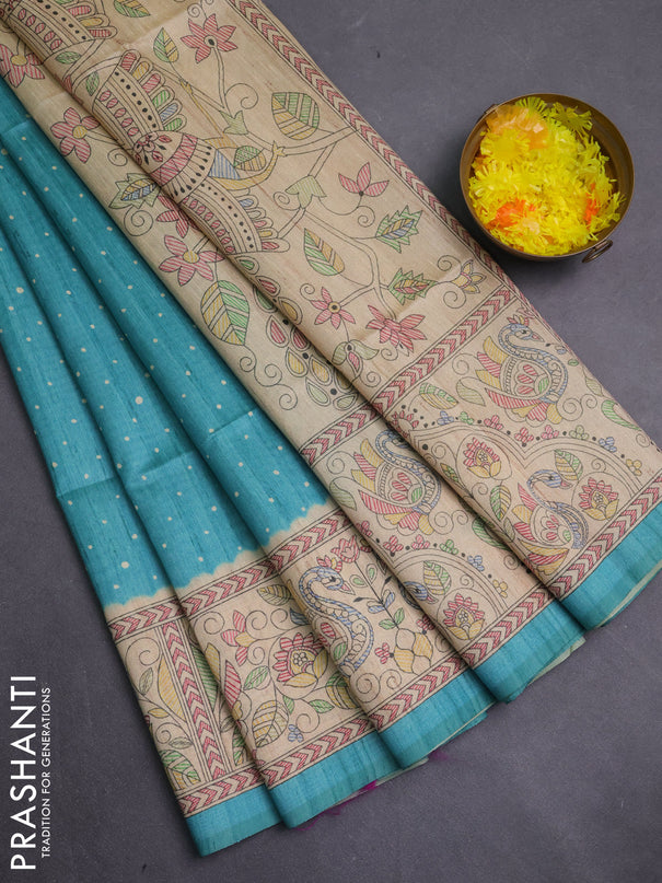 Semi tussar saree teal green and beige with allover butta prints and madhubani printed pallu & border