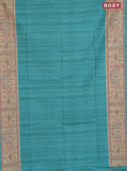 Semi tussar saree teal green and beige with allover butta prints and madhubani printed pallu & border