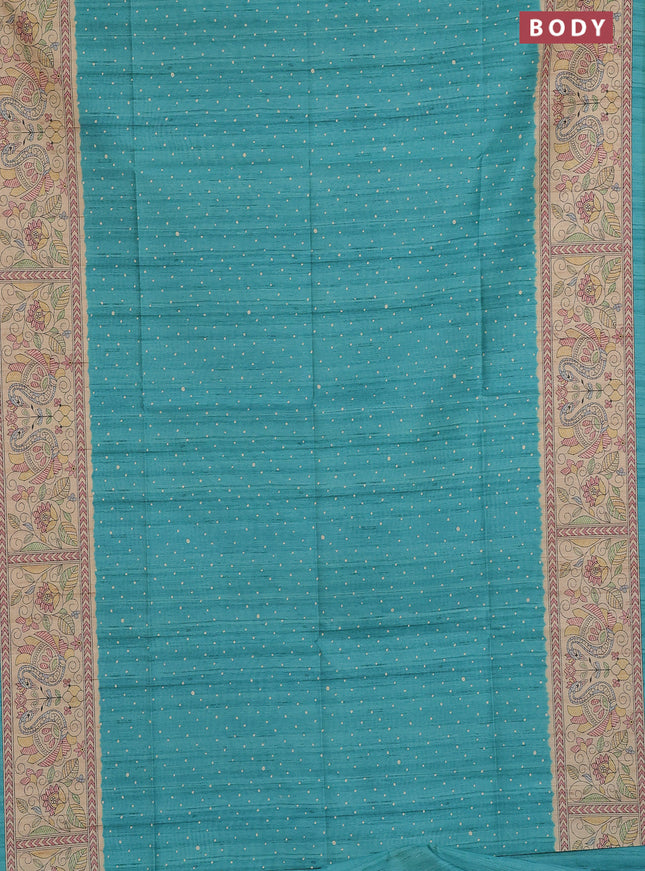 Semi tussar saree teal green and beige with allover butta prints and madhubani printed pallu & border