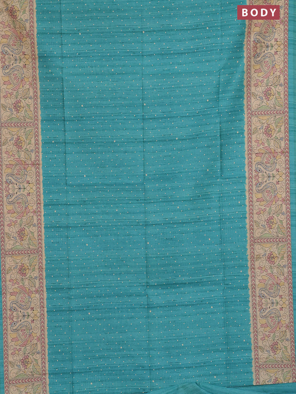 Semi tussar saree teal green and beige with allover butta prints and madhubani printed pallu & border