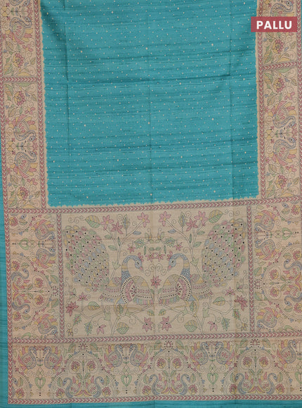 Semi tussar saree teal green and beige with allover butta prints and madhubani printed pallu & border