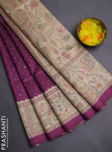 Semi tussar saree purple and beige with allover butta prints and madhubani printed pallu & border