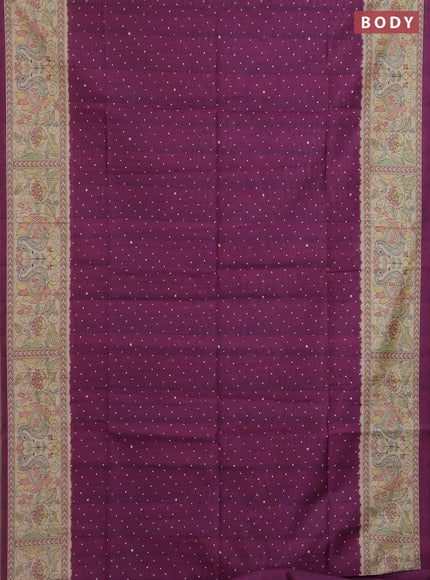 Semi tussar saree purple and beige with allover butta prints and madhubani printed pallu & border