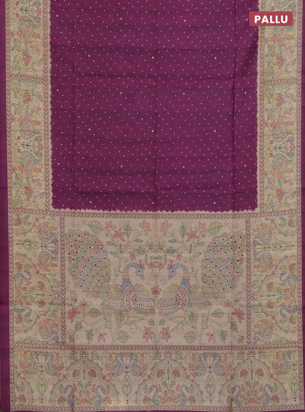 Semi tussar saree purple and beige with allover butta prints and madhubani printed pallu & border