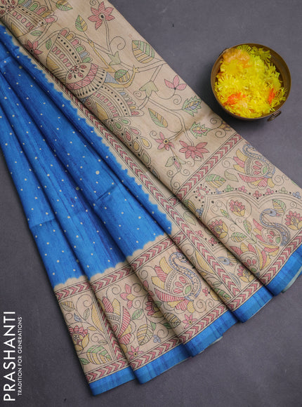 Semi tussar saree blue and beige with allover butta prints and madhubani printed pallu & border