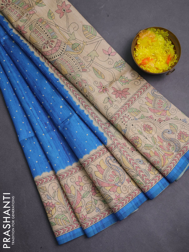 Semi tussar saree blue and beige with allover butta prints and madhubani printed pallu & border