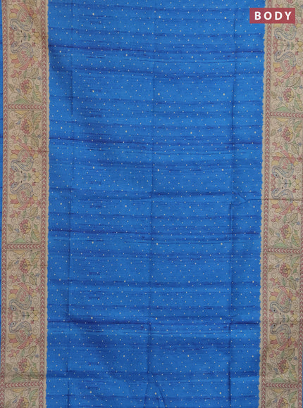 Semi tussar saree blue and beige with allover butta prints and madhubani printed pallu & border