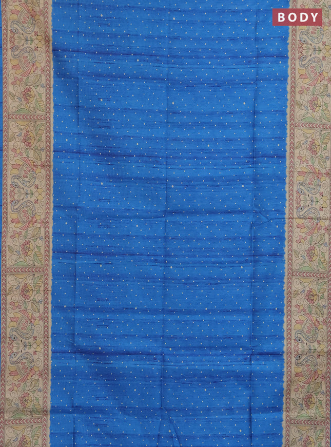 Semi tussar saree blue and beige with allover butta prints and madhubani printed pallu & border