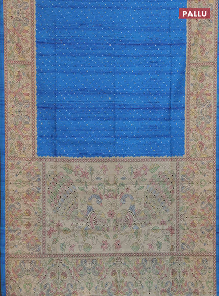 Semi tussar saree blue and beige with allover butta prints and madhubani printed pallu & border