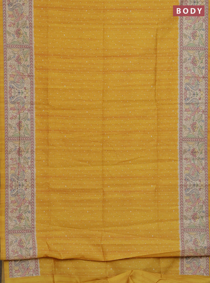 Semi tussar saree mustard yellow and cream with allover butta prints and madhubani printed pallu & border