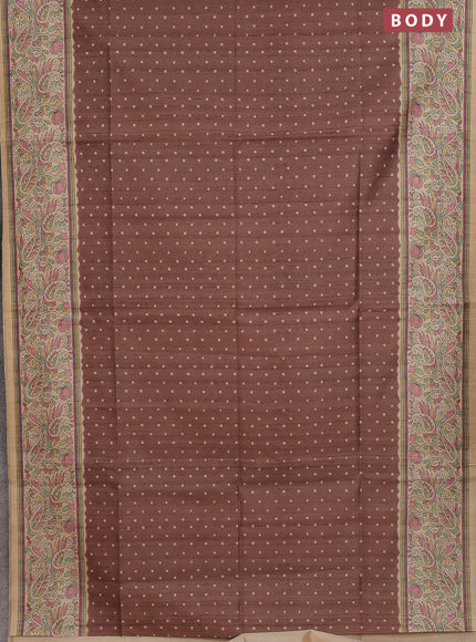 Semi tussar saree brown and cream with allover bandhani prints and madhubani printed pallu & border