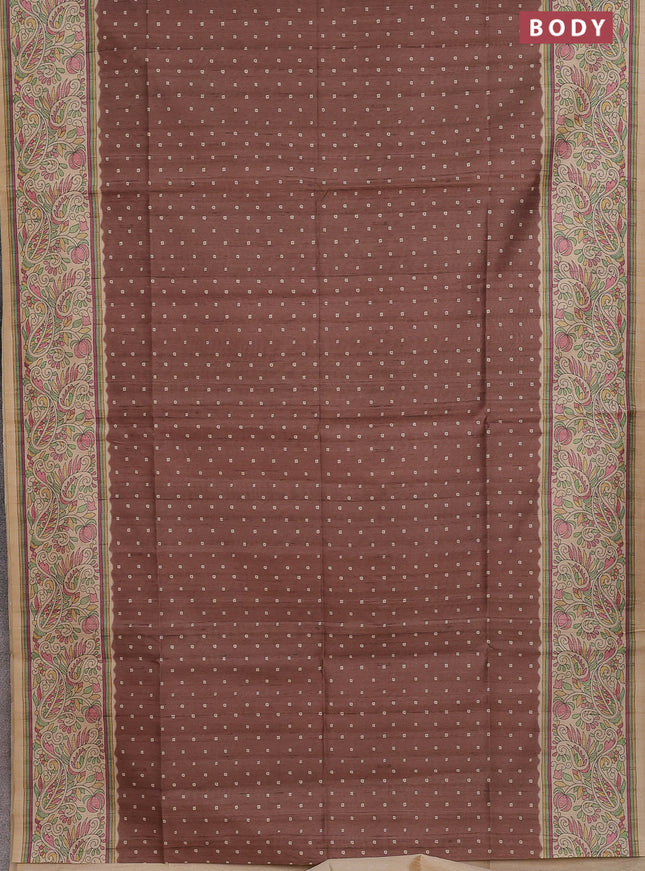 Semi tussar saree brown and cream with allover bandhani prints and madhubani printed pallu & border