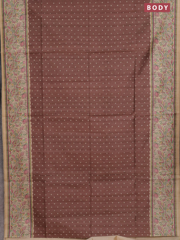 Semi tussar saree brown and cream with allover bandhani prints and madhubani printed pallu & border