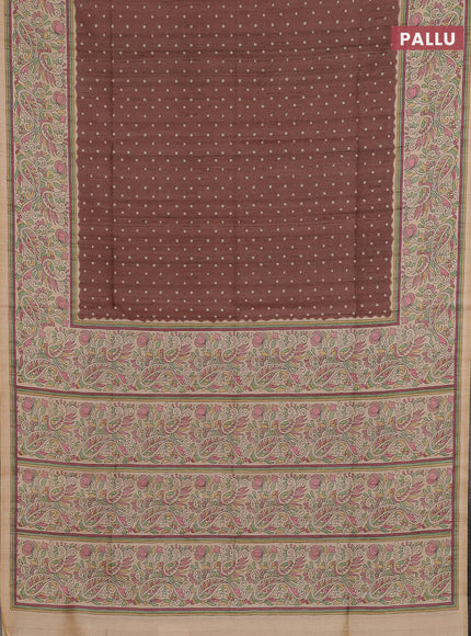 Semi tussar saree brown and cream with allover bandhani prints and madhubani printed pallu & border