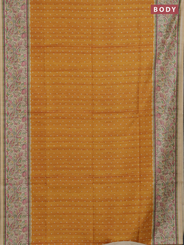 Semi tussar saree mustard yellow and cream with allover bandhani prints and madhubani printed pallu & border