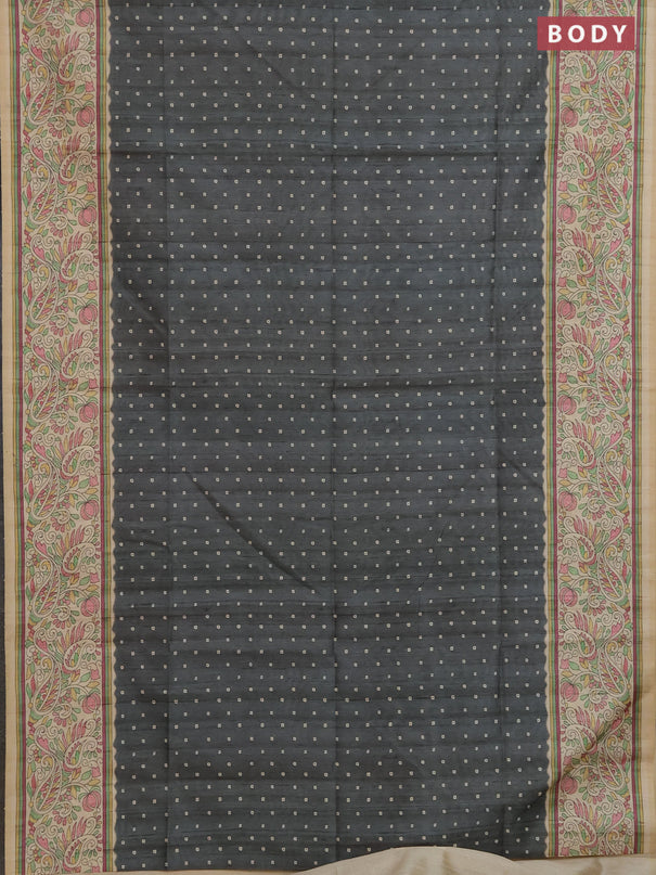 Semi tussar saree grey and cream with allover bandhani prints and madhubani printed pallu & border