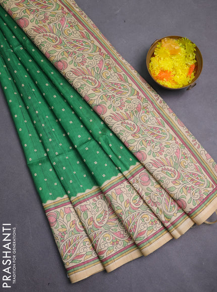 Semi tussar saree green and cream with allover bandhani prints and madhubani printed pallu & border