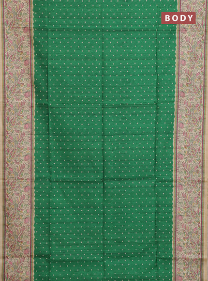 Semi tussar saree green and cream with allover bandhani prints and madhubani printed pallu & border
