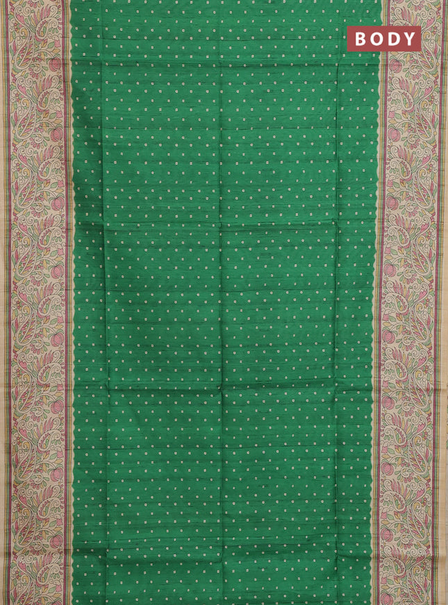 Semi tussar saree green and cream with allover bandhani prints and madhubani printed pallu & border