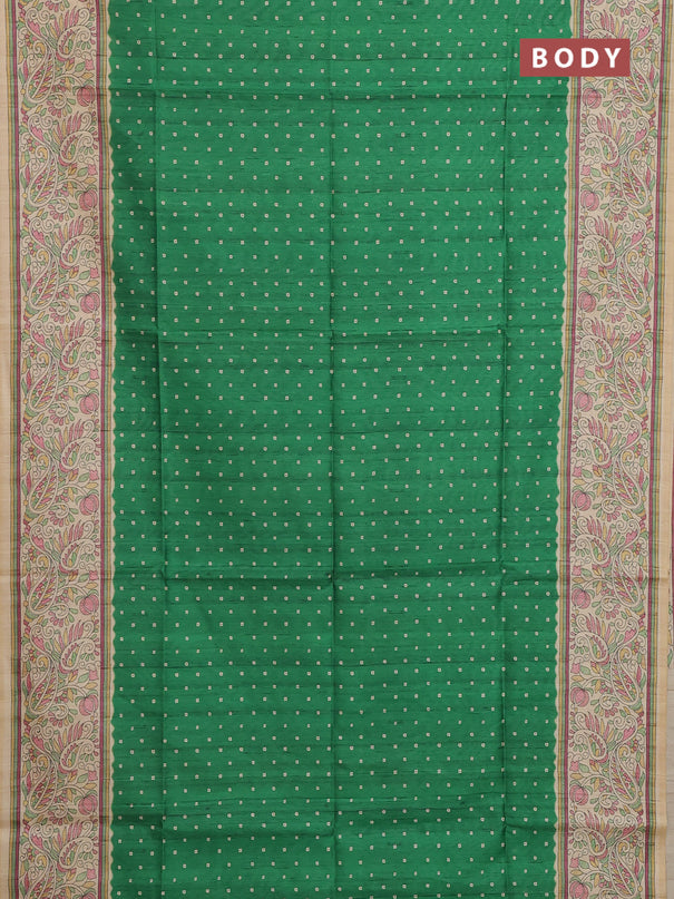 Semi tussar saree green and cream with allover bandhani prints and madhubani printed pallu & border