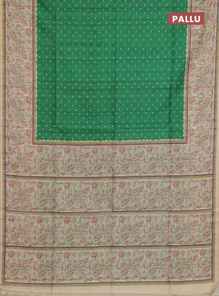 Semi tussar saree green and cream with allover bandhani prints and madhubani printed pallu & border