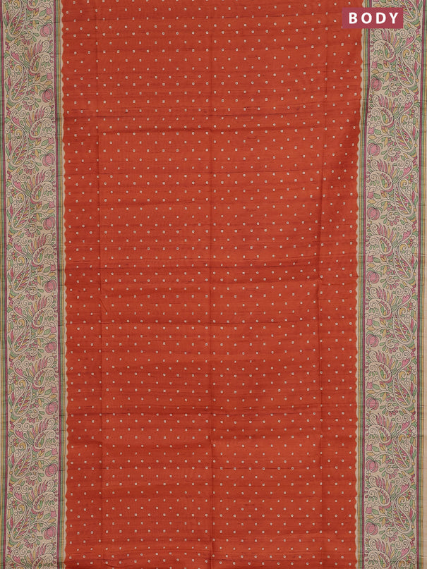 Semi tussar saree rust shade and cream with allover bandhani prints and madhubani printed pallu & border