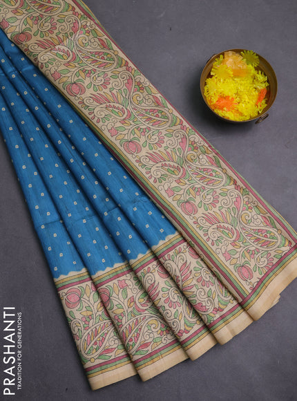 Semi tussar saree blue and cream with allover bandhani prints and madhubani printed pallu & border