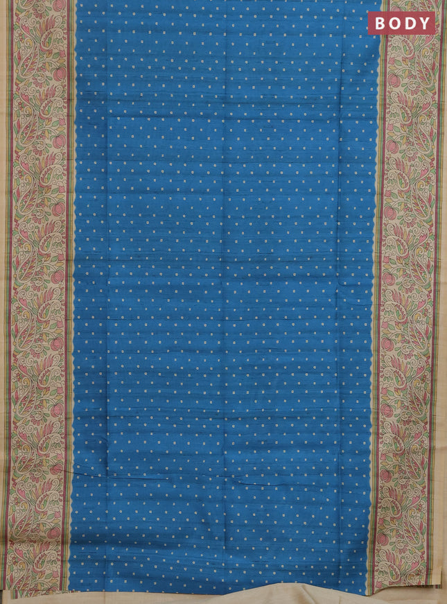 Semi tussar saree blue and cream with allover bandhani prints and madhubani printed pallu & border