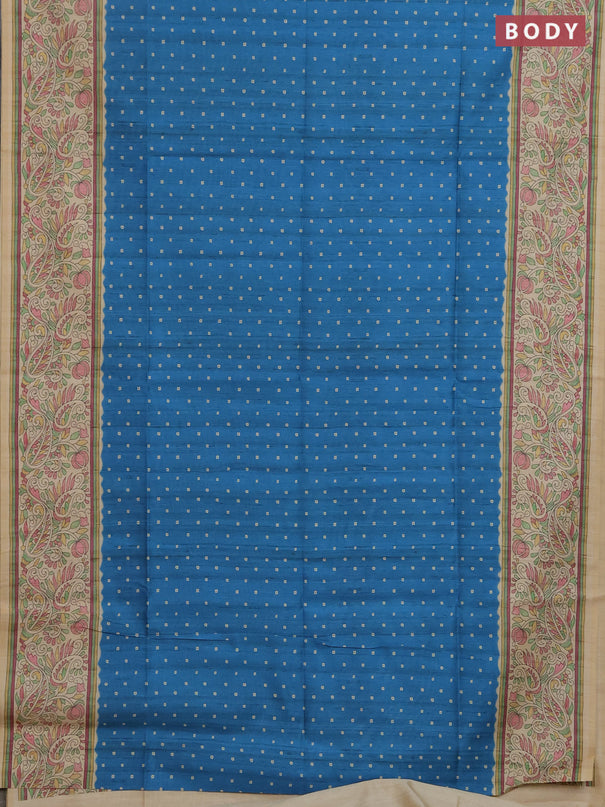 Semi tussar saree blue and cream with allover bandhani prints and madhubani printed pallu & border