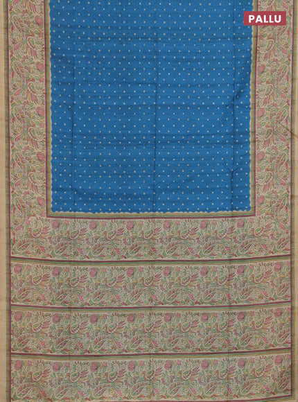 Semi tussar saree blue and cream with allover bandhani prints and madhubani printed pallu & border