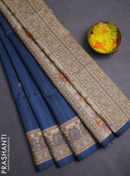Semi tussar saree blue and cream with butta prints and madhubani printed pallu & border