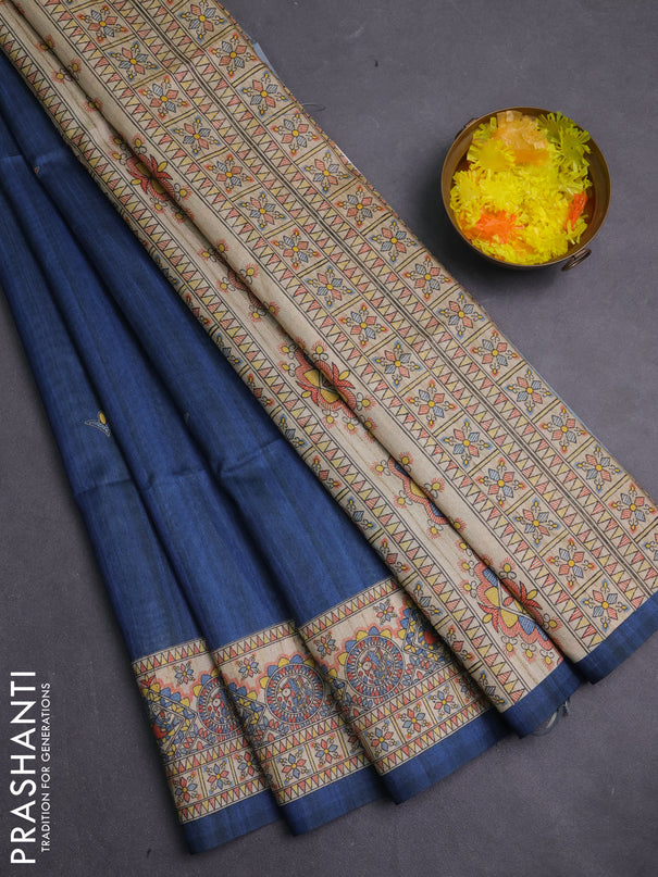 Semi tussar saree blue and cream with butta prints and madhubani printed pallu & border