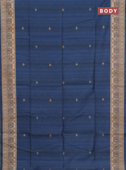 Semi tussar saree blue and cream with butta prints and madhubani printed pallu & border