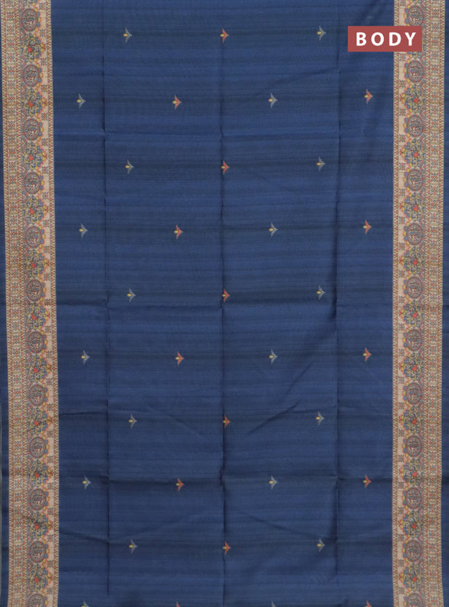Semi tussar saree blue and cream with butta prints and madhubani printed pallu & border