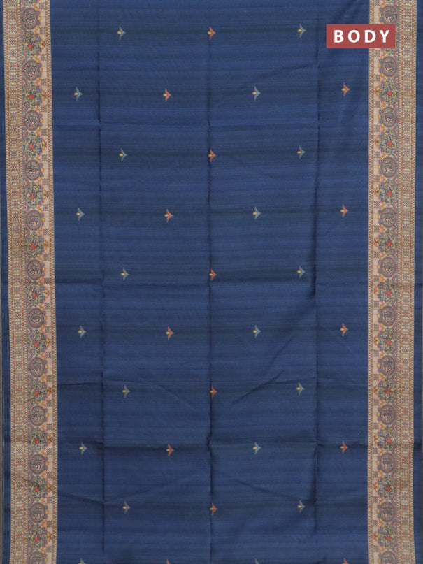 Semi tussar saree blue and cream with butta prints and madhubani printed pallu & border