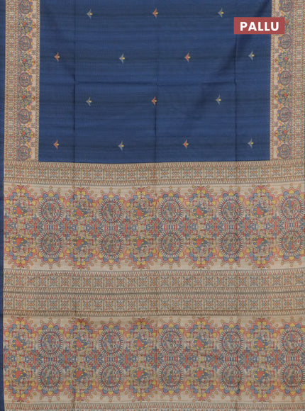 Semi tussar saree blue and cream with butta prints and madhubani printed pallu & border