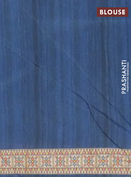 Semi tussar saree blue and cream with butta prints and madhubani printed pallu & border
