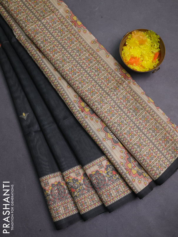 Semi tussar saree grey and cream with butta prints and madhubani printed pallu & border