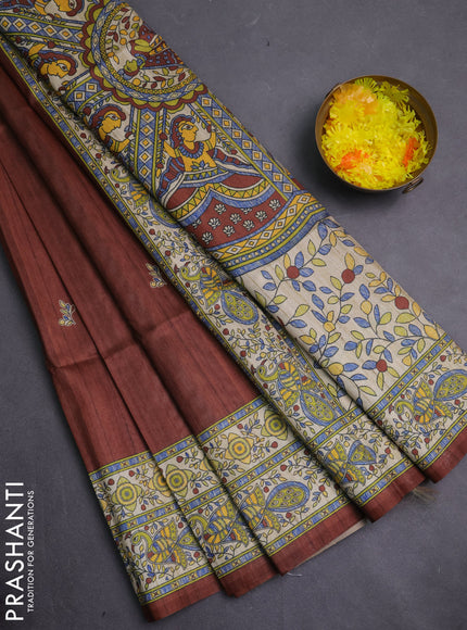 Semi tussar saree brown and cream with butta prints and madhubani printed pallu & border