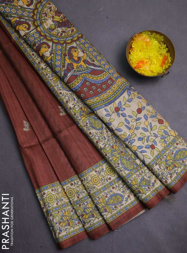 Semi tussar saree brown and cream with butta prints and madhubani printed pallu & border