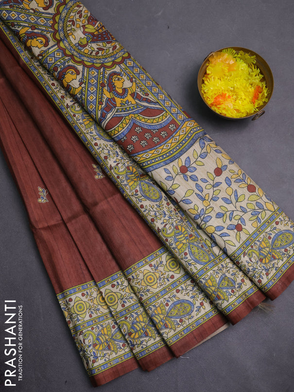 Semi tussar saree brown and cream with butta prints and madhubani printed pallu & border