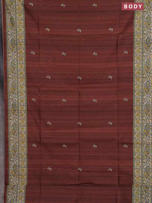 Semi tussar saree brown and cream with butta prints and madhubani printed pallu & border