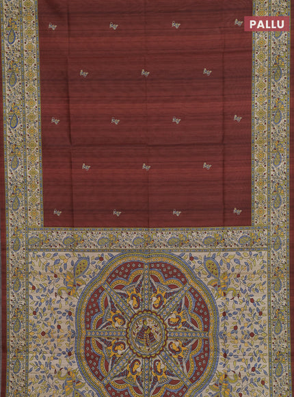 Semi tussar saree brown and cream with butta prints and madhubani printed pallu & border