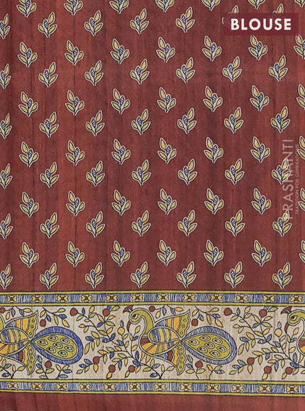 Semi tussar saree brown and cream with butta prints and madhubani printed pallu & border