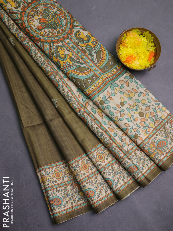 Semi tussar saree mehendi green and cream with butta prints and madhubani printed pallu & border